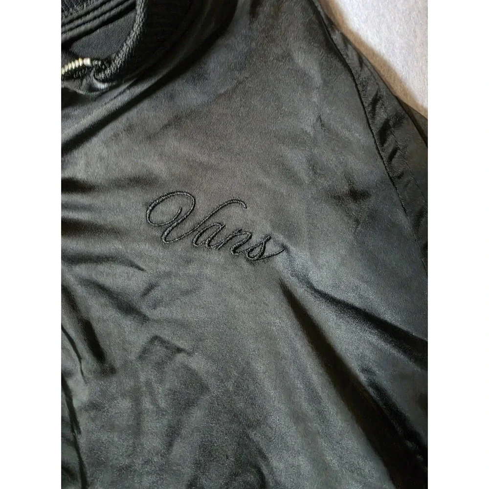 Vans Bomber Jacket Womens Medium Blac Satin Full Zip Embroidered Logo Streetwear